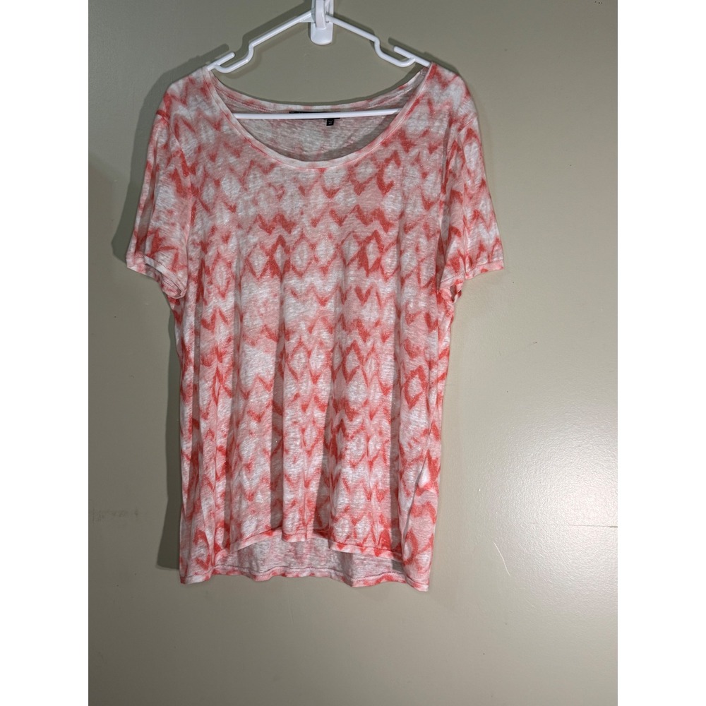 Marc Aurel 100% Linen Coral Ikat Chevron Print Short Sleeve Top Size 42 L